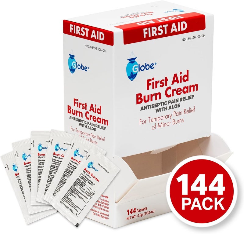 Globe First Aid Burn Cream 0.9g Packets, (Box of 144) Advanced First Aid Cream for Temporary Relief of Minor Burns, Cuts, and Scrapes - Image 1
